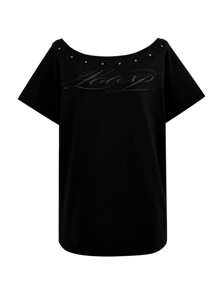 Lupeu Square Studded Lettering Off-Shoulder Short Sleeve T-Shirt Black