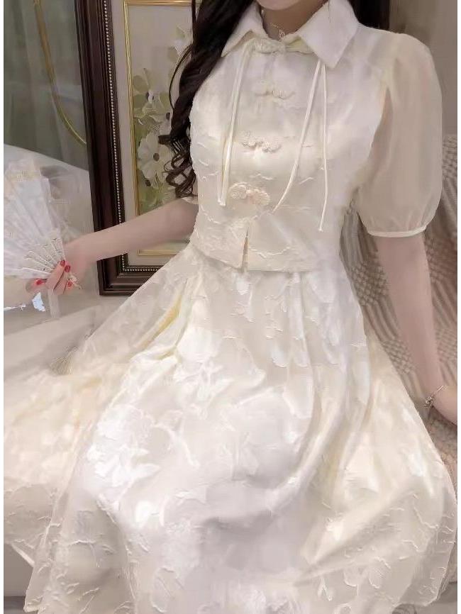 Elegant Summer 2024 Women's Two-Piece: Chinese Style Cheongsam Skirt & Camisole Dress with Frog Button Top