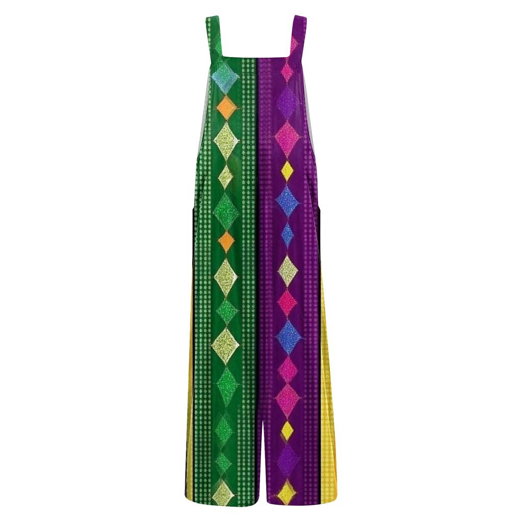 Womens Casual Overalls Jumpsuits Adjustable Straps Sleeveless Carnival Print Comfy Rompers With Pocket