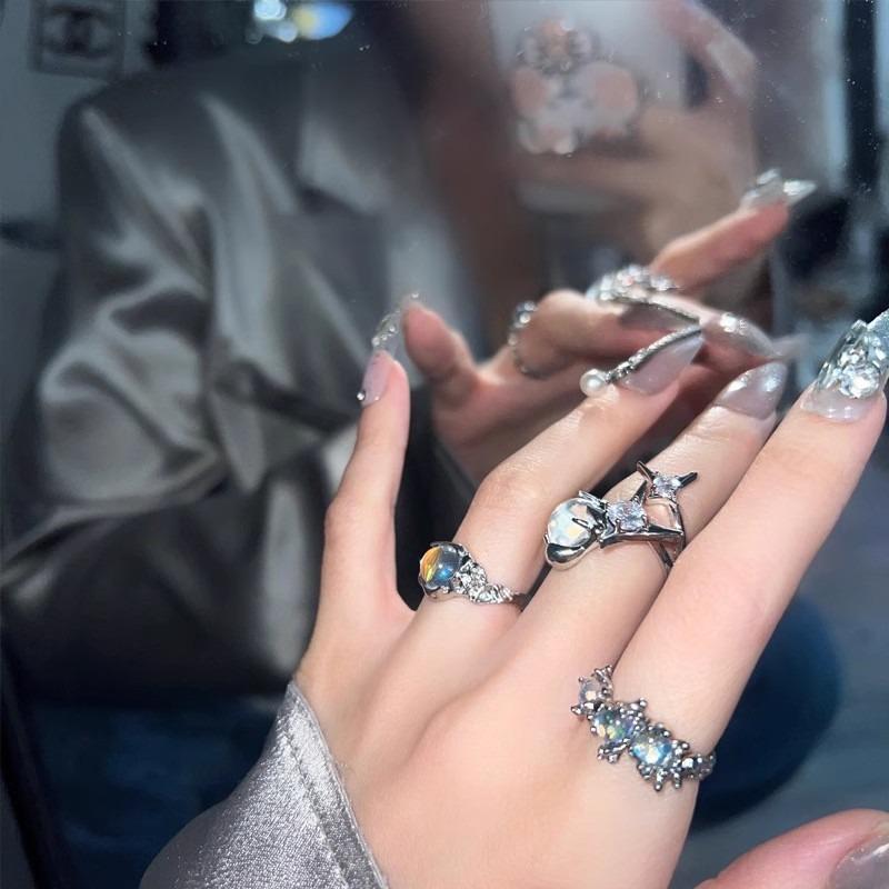 Crystal Moonstone Ring Women's Cold Wind Simple Open Index Finger Ring Niche Design Ring Gothic Style