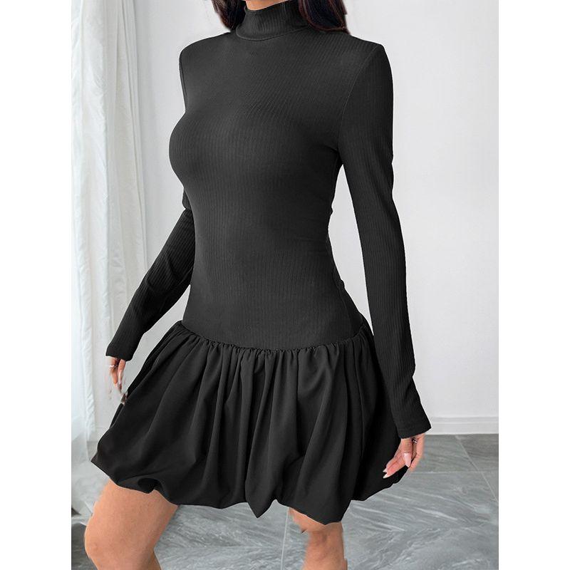 Elegant Long Sleeve Dress Women 2025 Autumn New European and American Turtleneck Patchwork Bottoming Short Skirt