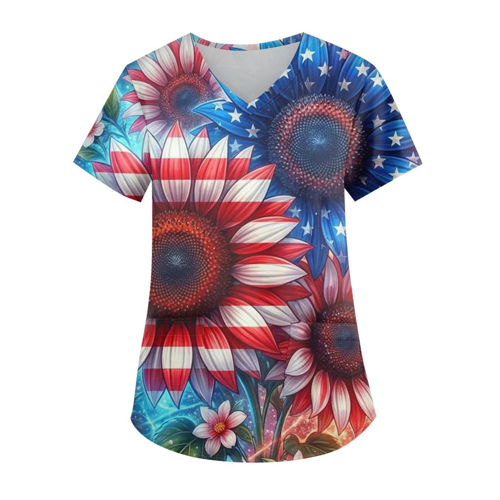 Ladies' Independence Day printed fashionable V-neck pocket short sleeved uniform and caregiver top