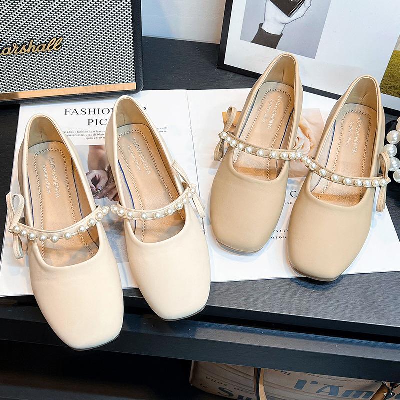 Mary Jane Single Shoes Women's Spring and Autumn 2025 New French Gentle Pearl Bow with Skirt Flat Beanie Shoes