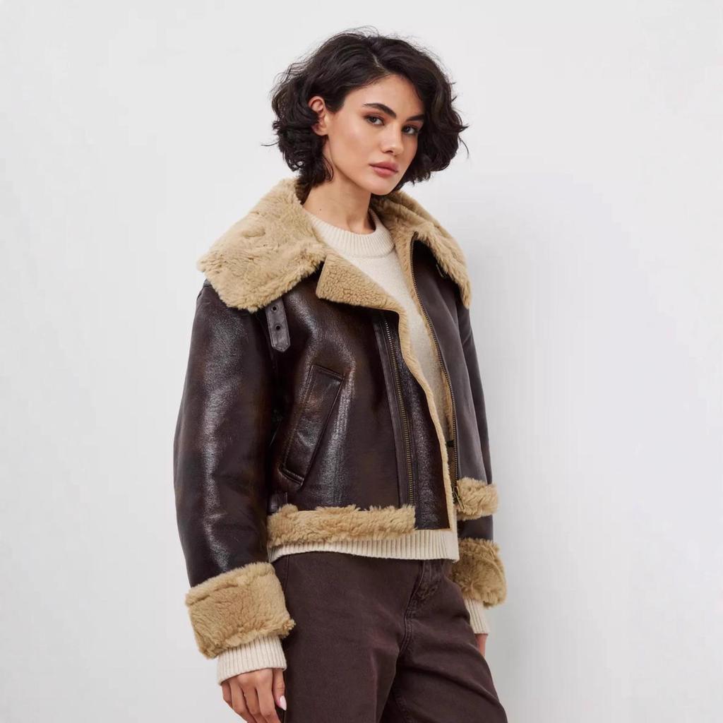 2025 Autumn Trendy PU Leather and Fur Loose Street Jacket