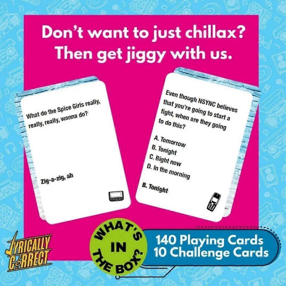 Juego de preguntas y respuestas sobre la música pop de los 90 y 2000 con letras correctas: juego de cartas para completar las letras, ideal para fiestas de adultos o reuniones familiares.