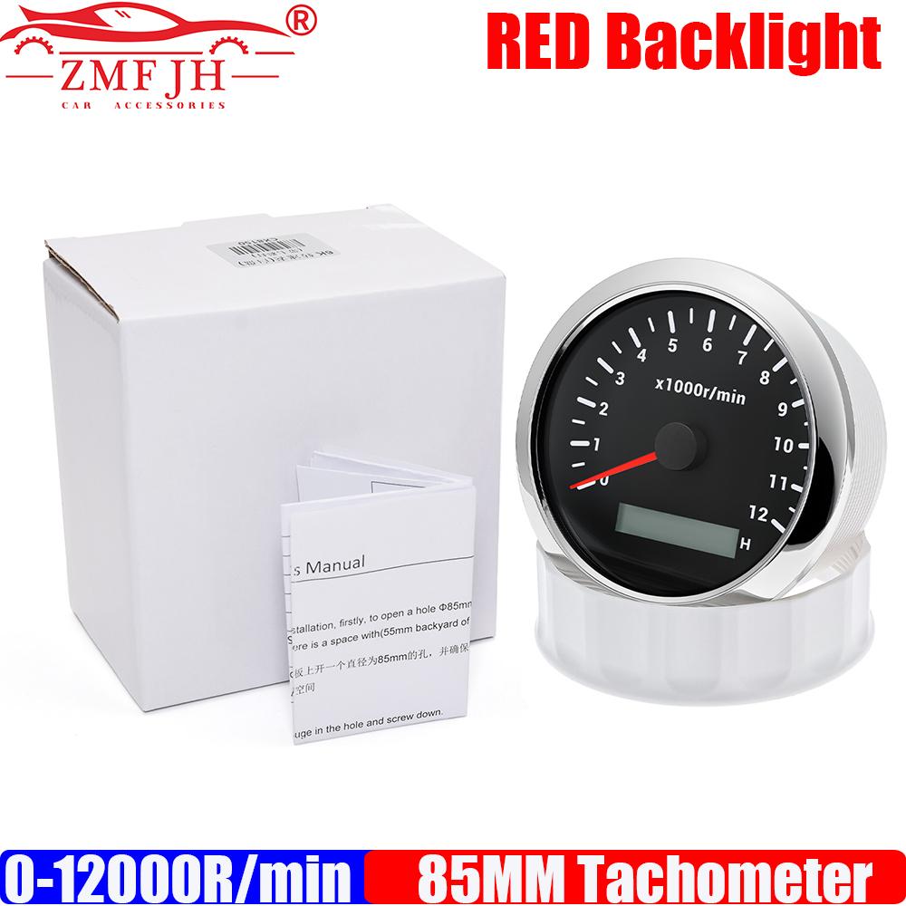 ZMFJH 85MM Tachometer 0-12000R/Min Red Backlight Tacho RPM Gauge Hourmeter for 4-12 Cylinder Diesel Petrol Car Marine Boat Yacht BS