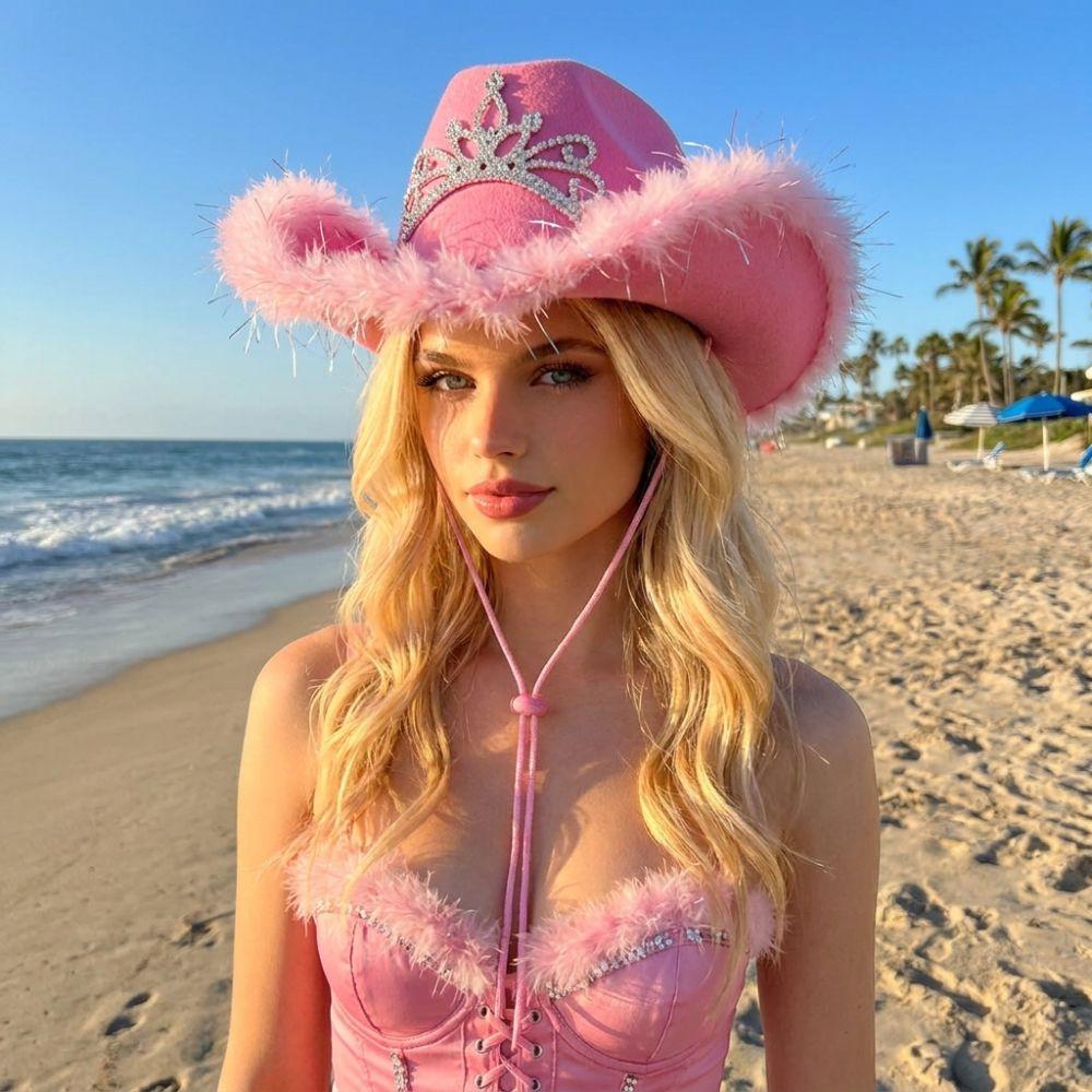 Soft Felt Rhinestone Tiara Cowgirl Hat Wide Curved Brim Festival Jazz Hat  Halloween