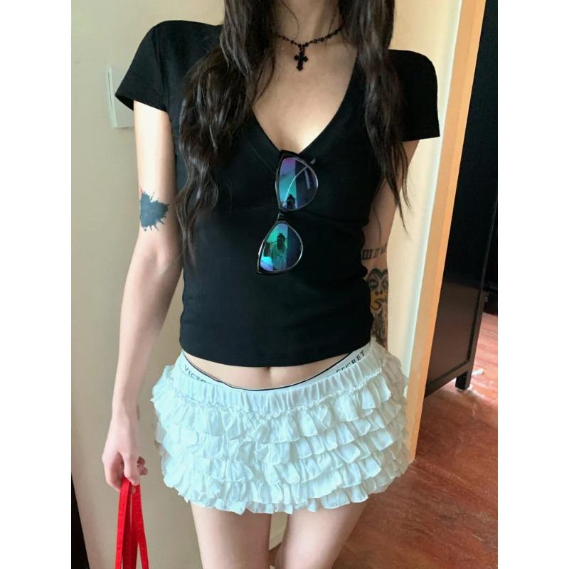 V-neck Short Sleeve Casual Women T Shirts Black Summer Skinny Sexy Solid Basic Crop Fashion Streetwear