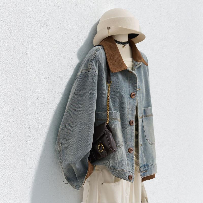 Women's Cross-Color Patchwork Corduroy Denim Jacket - Loose, Casual, Short Spring/Autumn Outerwear