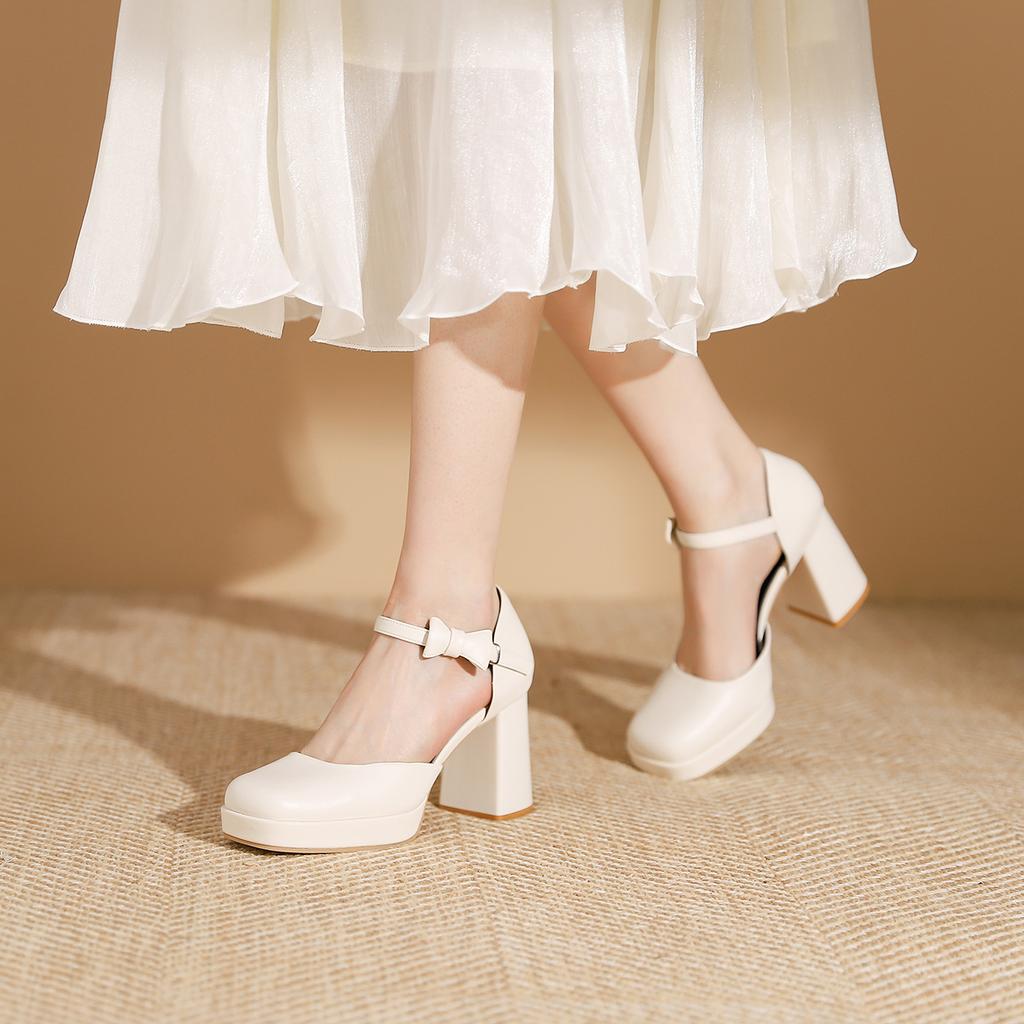 3359-20 Celebrity Square Head Waterproof Table High-heeled Single Shoes 2025 Spring One-word Buckle with Bow Thick-heeled Single Shoes