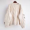 V Neck Long Sleeves Pockets Ribbed Trim Knitted Coat Winter Embroidery Letter Pattern