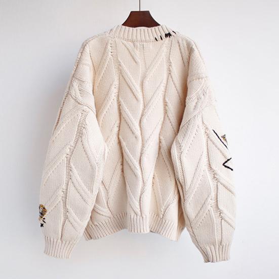 V Neck Long Sleeves Pockets Ribbed Trim Knitted Coat Winter Embroidery Letter Pattern