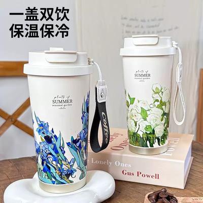 Woman Flower Coffee Mug 500ml Stainless Steel Vacuum Flask Straw and Directly Drinking Insulated Tumbler Thermal Cup Gift