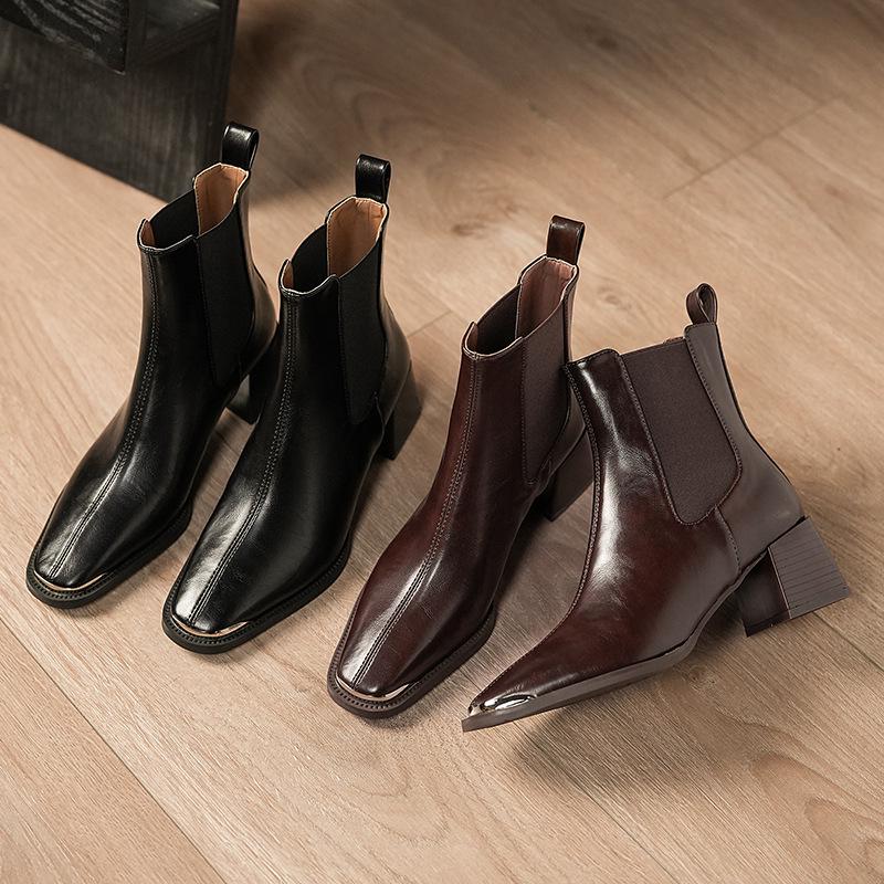 BEIJIANI Czerwono-brązowe kwadratowe noski masywny obcas botki Chelsea motocyklowe do kostki dla kobiet