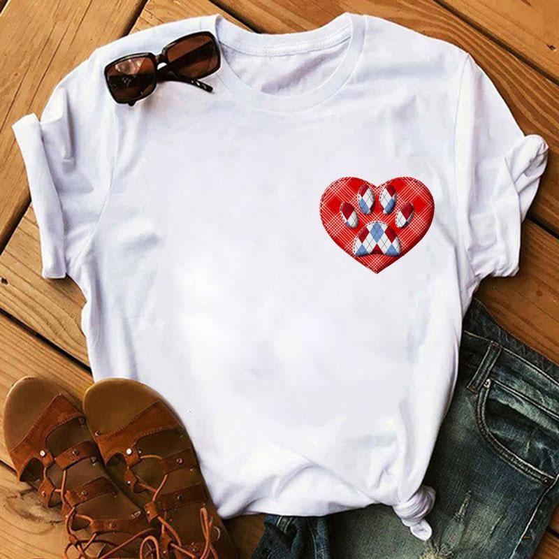 Fashion Women T-Shirt Cartoon Tee Shirts Watercolor Heart Dog Paw T Shirt Harajuku Tops Tee Short Sleeve Cute Female Tshirts Tee