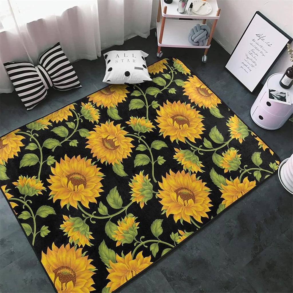 Retro Rustic Style Sunflower Print Carpet European Classic Artistic Home Decor Rug Soft Non-Slip Mat for Living Room Bedroom