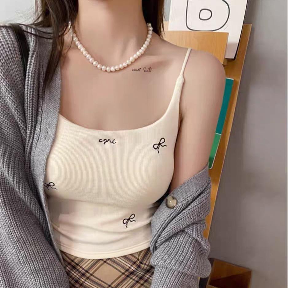 #Early Autumn New Sweet Polished Bow Printed Sling Vest Slim One-piece with Chest Pad To Look Thin