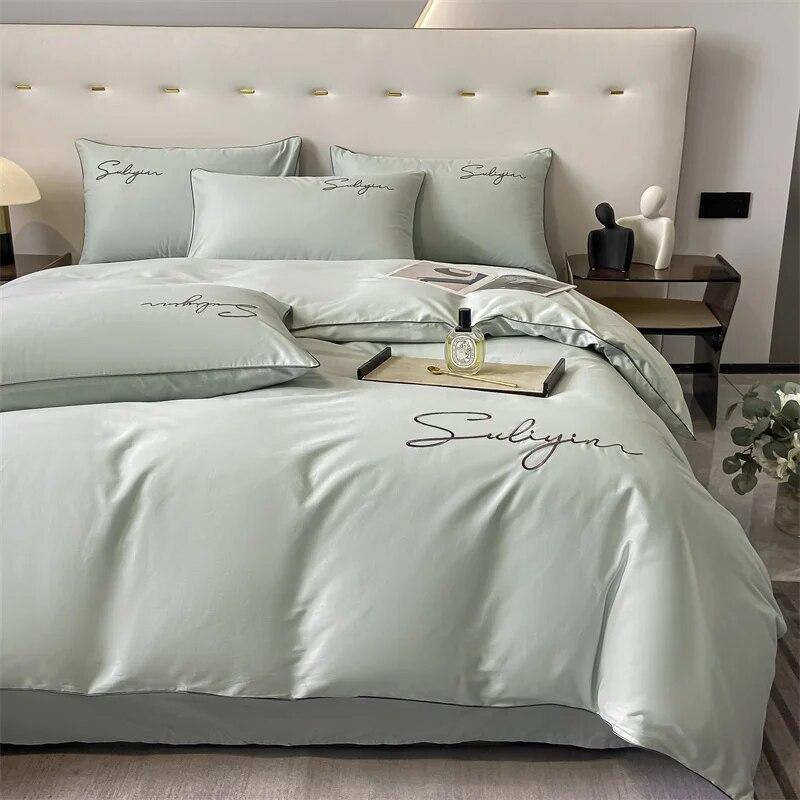 Luxury Embroidery Bedding Set Egyptian Cotton 400TC Duvet Cover Flat Fittedsheet Single Double Queen King Quilt Cover Pillowcase