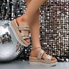 Fashion Gold Glitter Straps Platform Wedge Slippers Women 2025 Summer Beach Metal Decoration High Heels Shoes Leisure Outdoor Slides