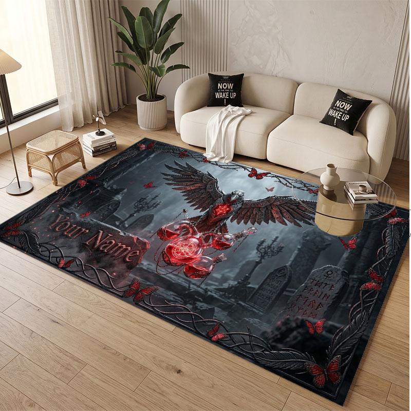 Bat Raven Theme Soft Crystal Velvet Rug Custom Name & Text Print Non Slip Floor Rug for Bedroom Living Room