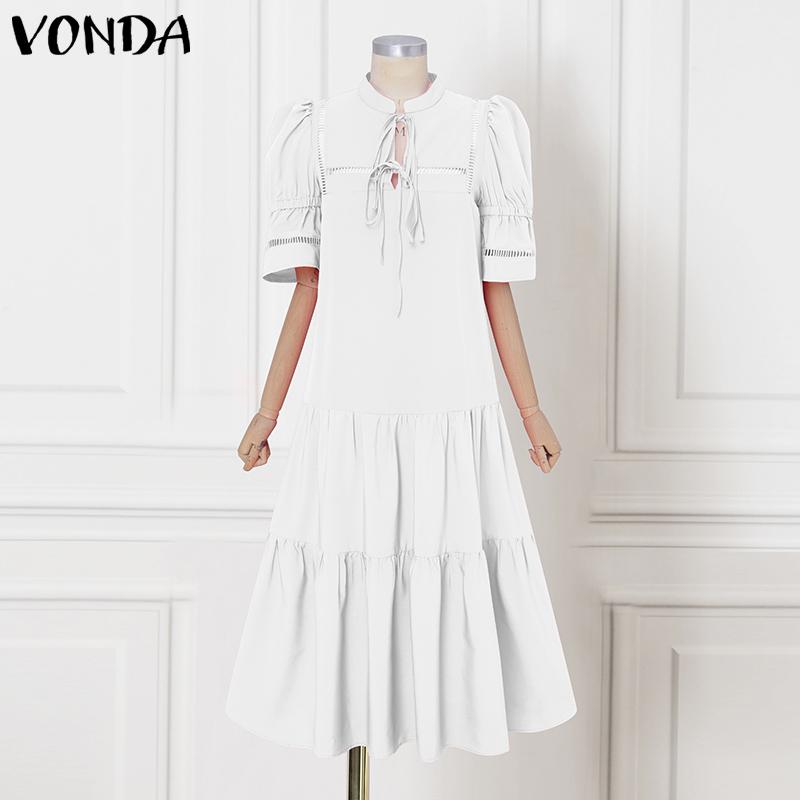 

VONDA Summer Women Puff Sleeve Hollow Out Lace-up Casual Ruffled Pleated Dress S белый