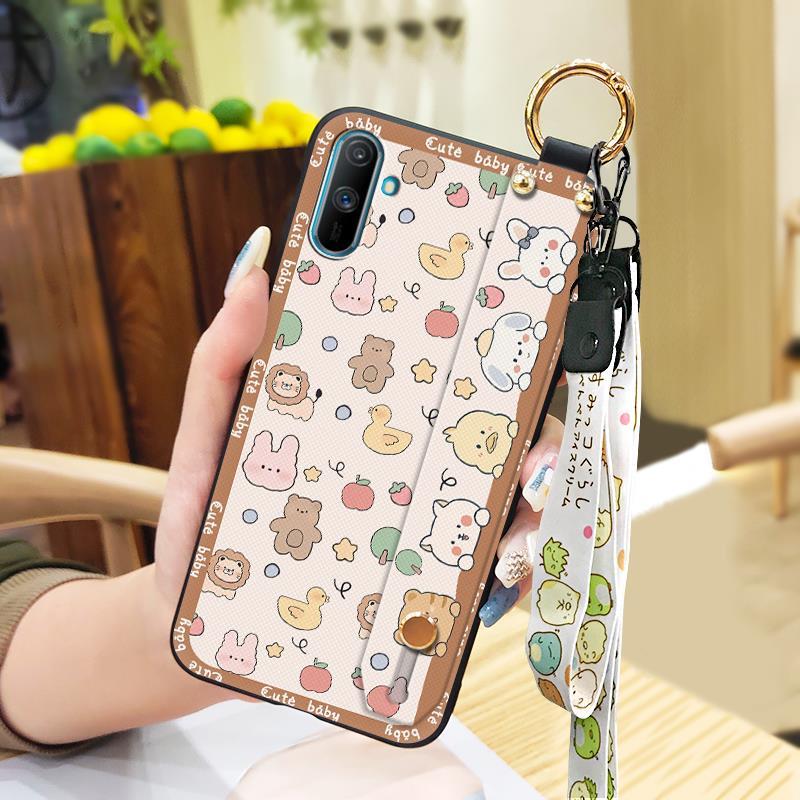 Fashion Design Waterproof Phone Case For OPPO Realme C3/C3i/Narz N10A Kickstand Lanyard Wrist Strap Ring Anti-knock Cute