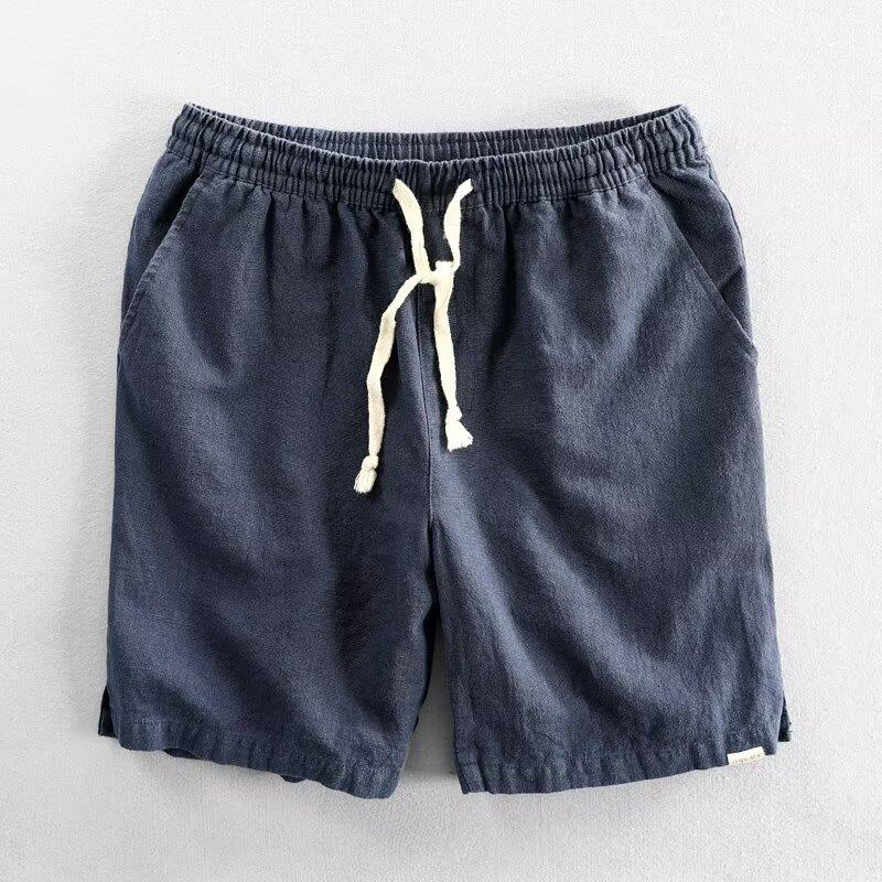 Summer Light and Thin Ramie Shorts Solid Color Simple Elastic Drawstring Cotton Beach Casual Loose Five-point Pants Men