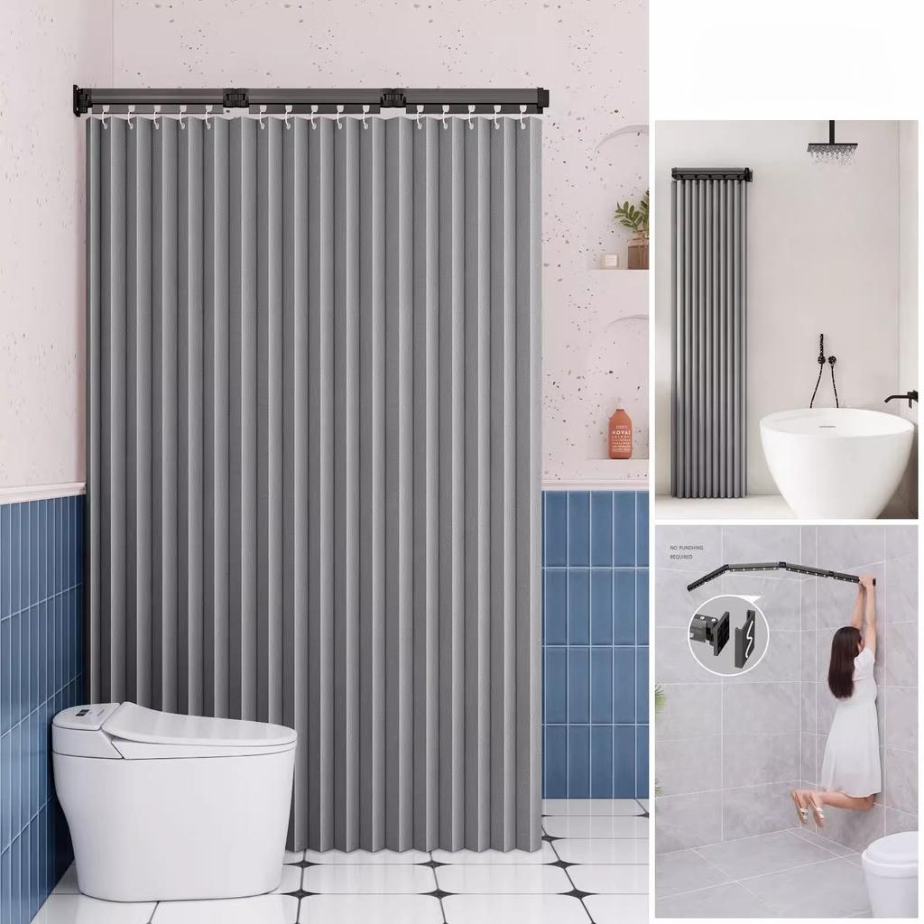 Foldable Shower Curtain Rod for Bathroom and Toilet, No Need To Drill Holes, Dry-wet Separation, C-shaped Waterproof Shower