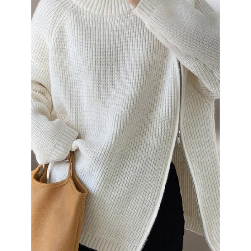 Lazy Style High Neck Zipper Solid Color High-end Knitted Sweater for Outerwear, Loose Long Sleeved Warm Top for Outerwear