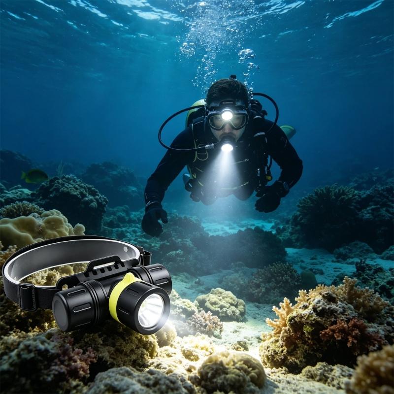 Underwater Diving Headlamp with Adjustable Head Mount, Aluminum Beam Light for Snorkeling, Night Fishing and Camping
