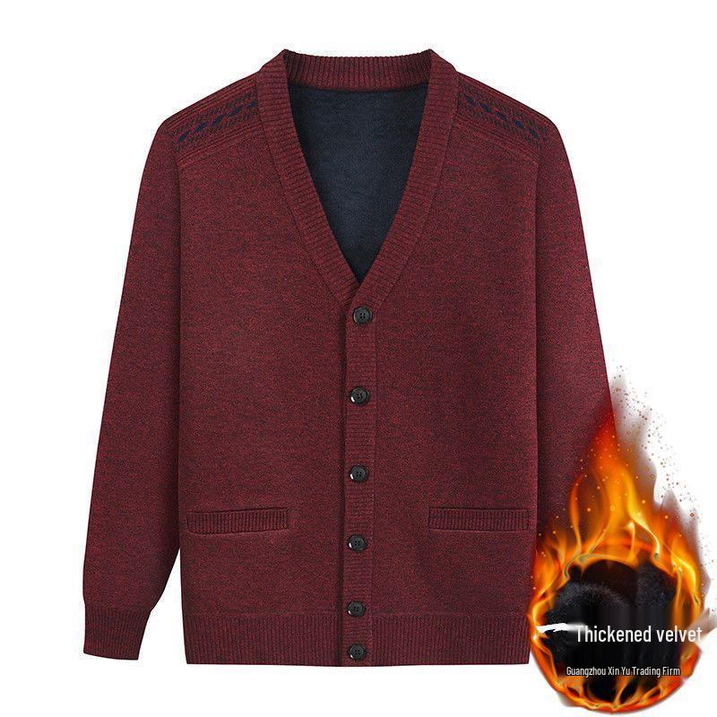 Men's V-Neck Thick Fleece Cardigan: Warm Knitwear for Dad and Grandpa