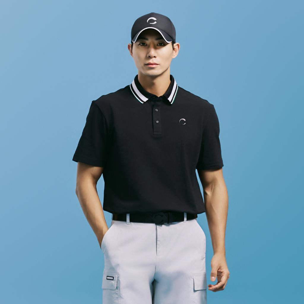 CHALLENGER Men'S Pq Material Contrast Collared Short Sleeve Tee Black
