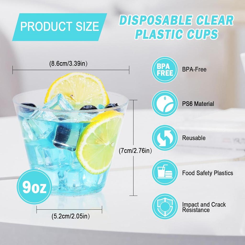 100 Pack 9 oz Clear Plastic Cups, Plastic Wine Cups for Cocktail Party, Polystyrene Hard Cup with Higher Heat Resistance(9oz 100count)