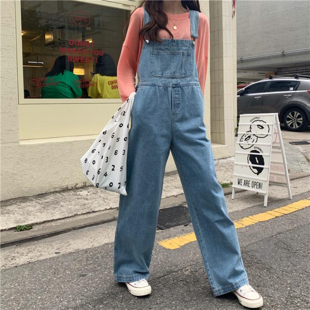 Women's Mid Rise Wide Leg Denim Overalls Loose Fit Simple Commuter Jumpsuit