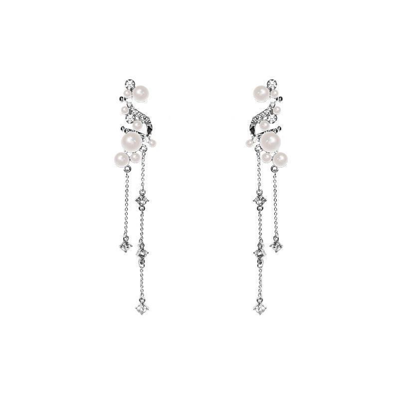 Elegant Clip-On Long Tassel Pearl & Zircon Earrings for Women