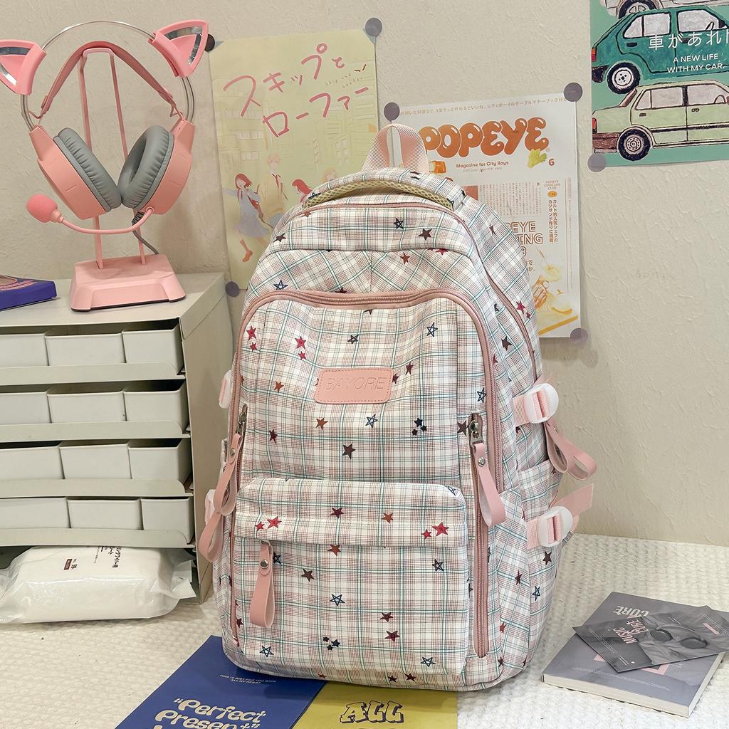 Schoolbag Junior High School Student High School Student Schoolbag Women's Casual Plaid Schoolbag Large Capacity Commuting Campus Versatile Travel 