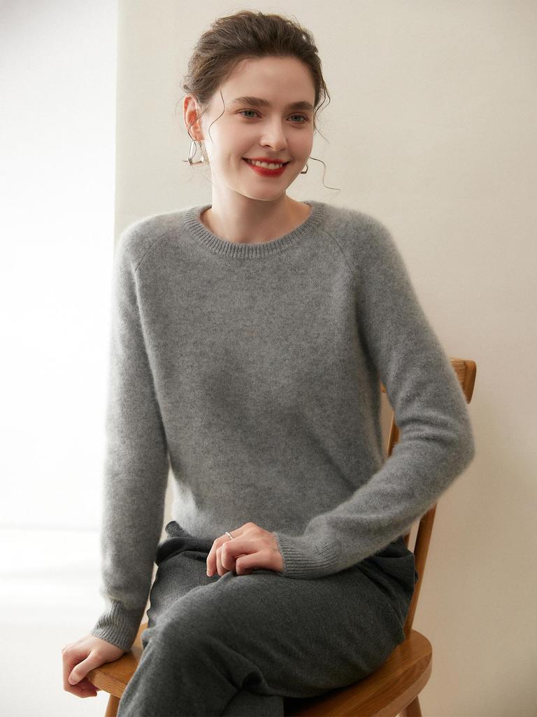 Women's Pure Cashmere Sweater - Round Neck, Loose Fit, Thickened Knit Base Layer with Raglan Sleeves, Skin-Friendly for Autumn/Winter.
