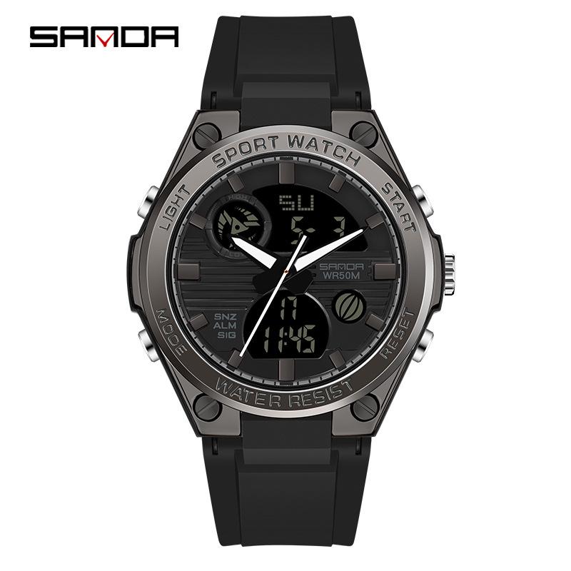 Sanda Trendy Waterproof Sports Watch - Minimalist Design with Dual Display for Students