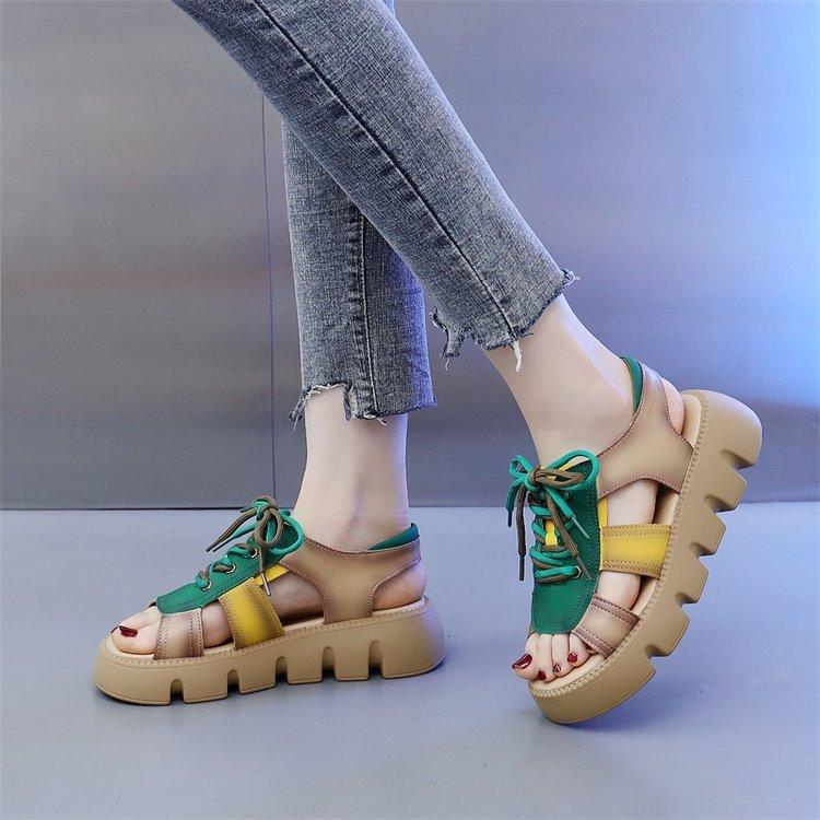 Women Leather Thick Soles Sandals Retro Wedges Slides Comfortable Outdoor Platform Sandal