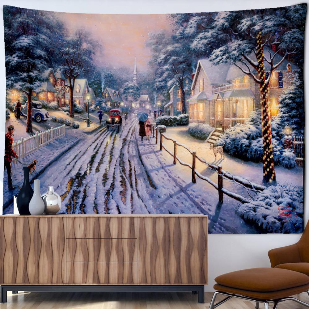 Christmas City Oil Painting Tapestry Wall Hanging Bohemian Hippie Tapez Christmas Festival Art Bedroom Living Room Home Decor