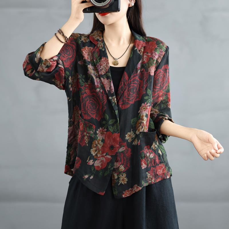 

DIMANAF 2025 Новое пальто больших размеров Весна-лето для женщин Базовая рубашка Винтажные топы Футболки Цветочный повседневный свободный кардиган 2XL чёрный