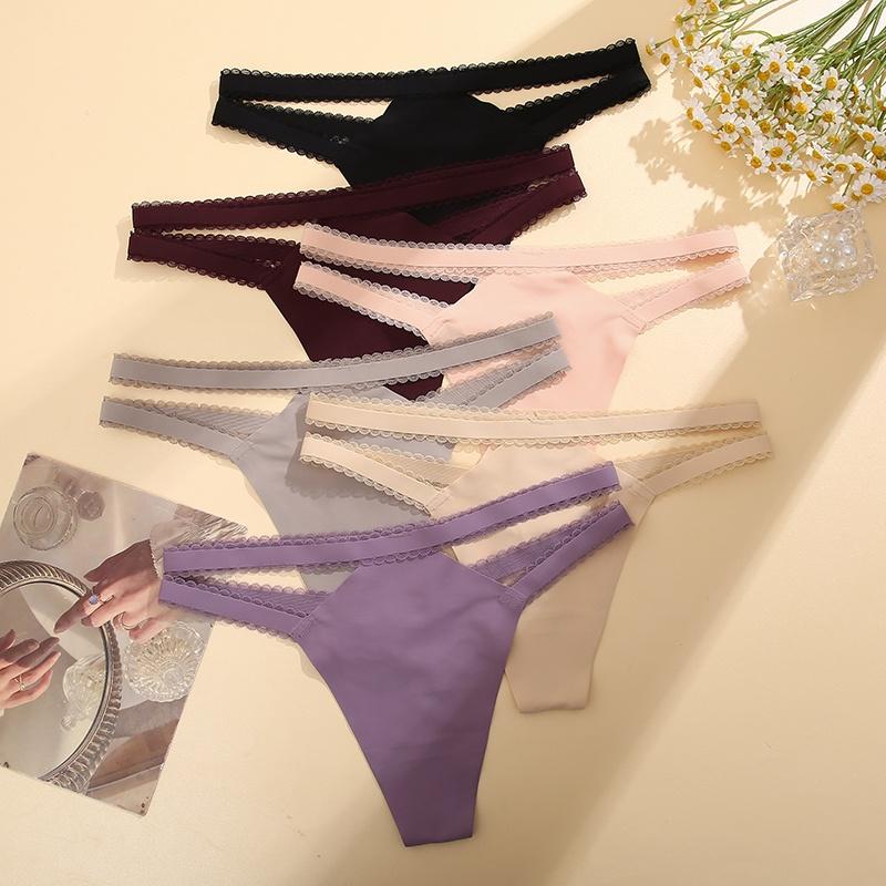 FINETOO 3Pcs/Set Women Thongs V Waist G-String Solid Color Striped Panties Female T-Back Underwear Intimate Lingerie