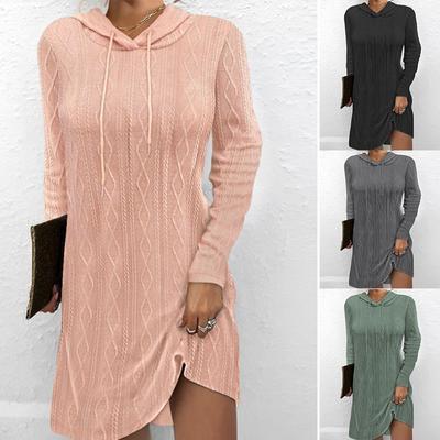 Hooded Pullover Knitted Sweater Dress Solid Color Dress Elegant Long Sleeve Dresses Causal Women Dress