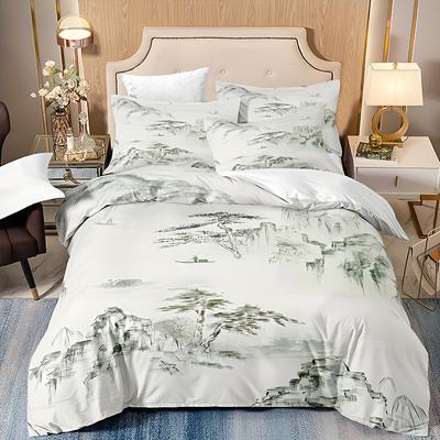 3-teiliges Chinesisches Landschafts-Bettwäsche-Set mit Kissenbezügen - Weiches, Atmungsaktives Polyester, Digitaldruck mit Berg- und Baumdesign