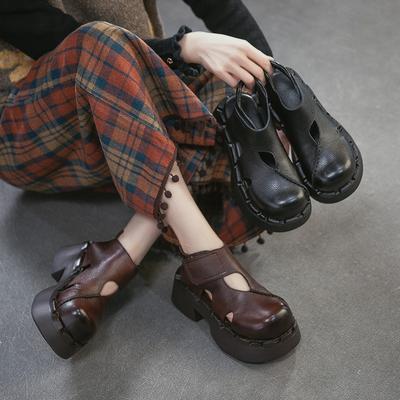 Genuine Leather Height Increasing Thick Soled Sandals Round Toe Women's Platform Shoes