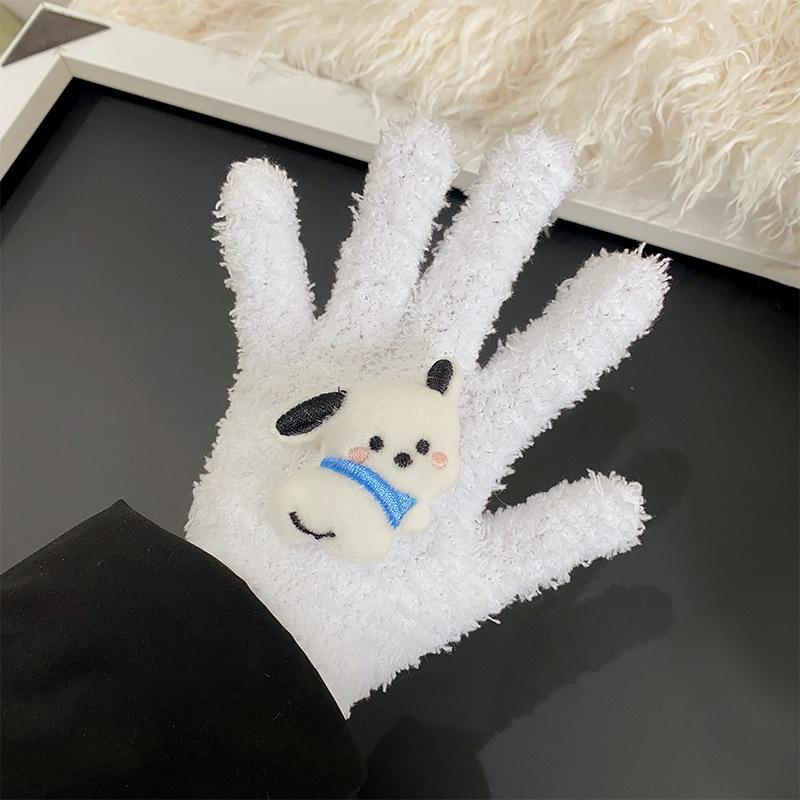 Милые плюшевые перчатки Sanrio Hello Kitty Pochacco из кораллового флиса, защищающие от холода, студенческие зимние грелки, перчатки с пятью пальцами, рождественский подарок Kt белый