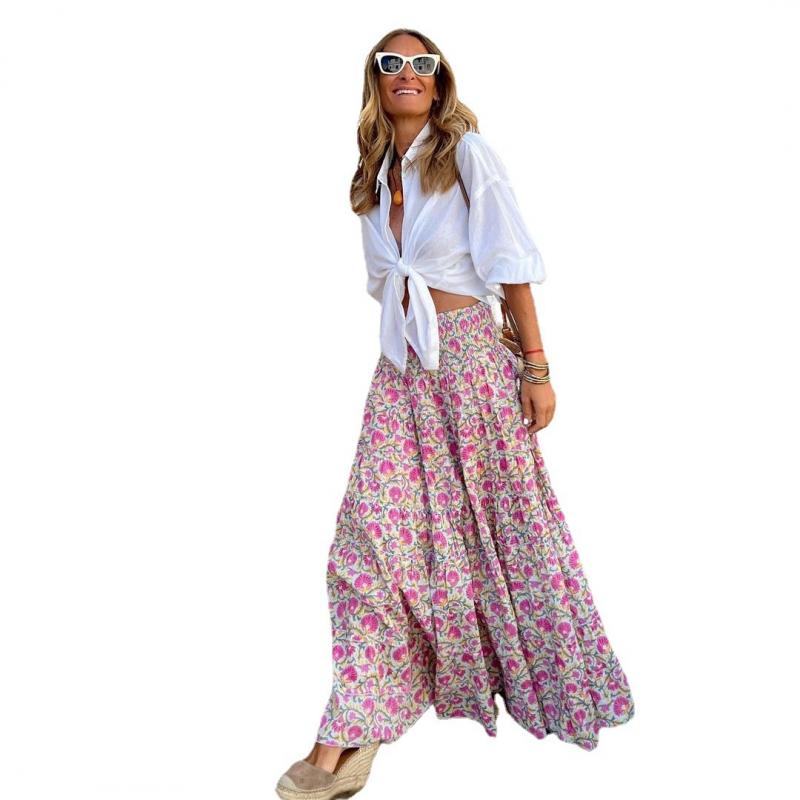 Plus-size Women Printing A-line Skirts Summer Loose Casual Elastic Waist Long Skirts Casual High Waisted Maxi Skirts