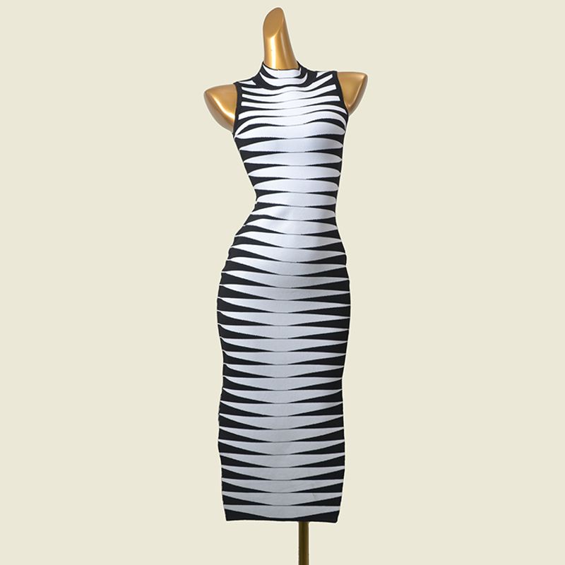 

Fashion Style Zebra Pattern Knitting Long Skirt Elegant Half Turtleneck Sleeveless Side Slit Inner Bandage Export Bodycon Dress Black and White 3XL