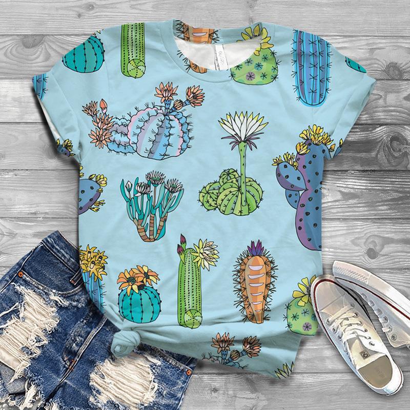 Damen Sommer Europäisch und Amerikanisch Neu 3D Freizeit Kunst Design Blumen Bedrucktes T-Shirt