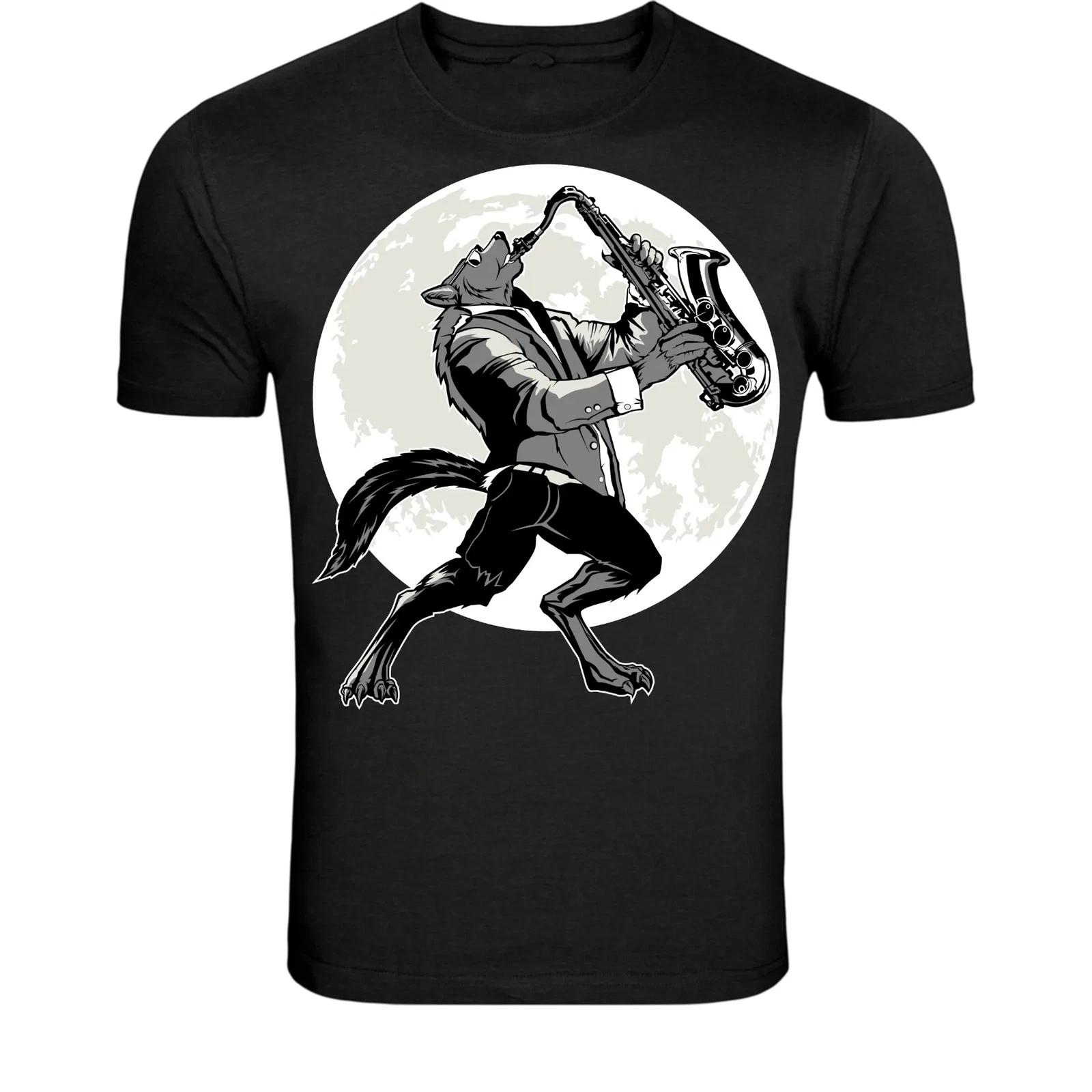 Jazz Saxophone Wolf Musician T-Shirt - Cool Wolf Music Graphic Tee XXL